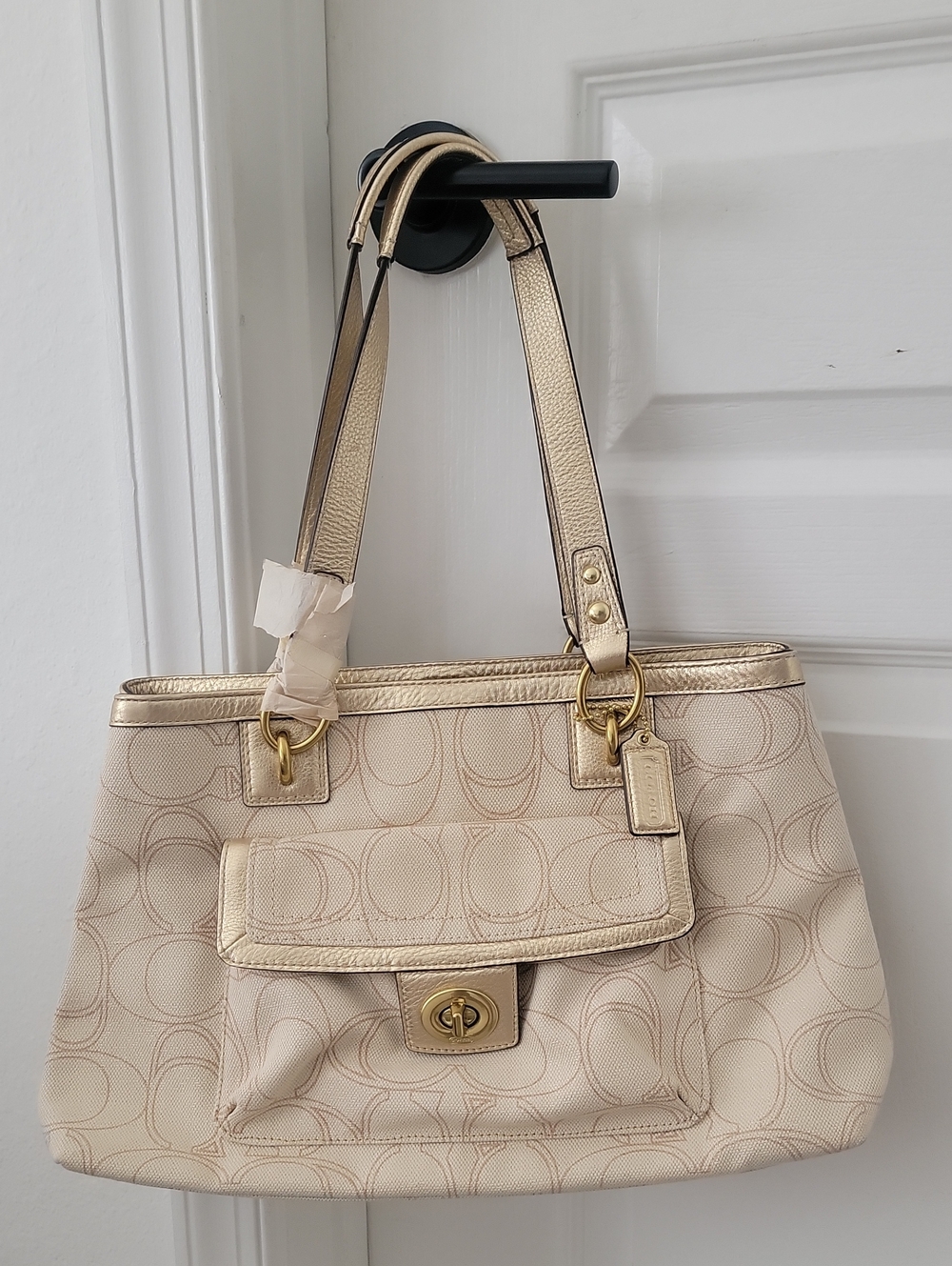 Coach Cream Signature Canvas Shoulder Bag with Metallic Gold Trim